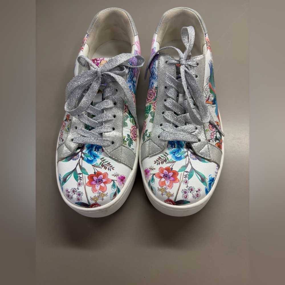 Johnny Was White Floral Lace-Up Sneakers with Silver Metallic Accents